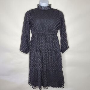 Black Lace Tiered Midi Dress Size L Ruffled High Neck Dark Romantic Whimsigoth